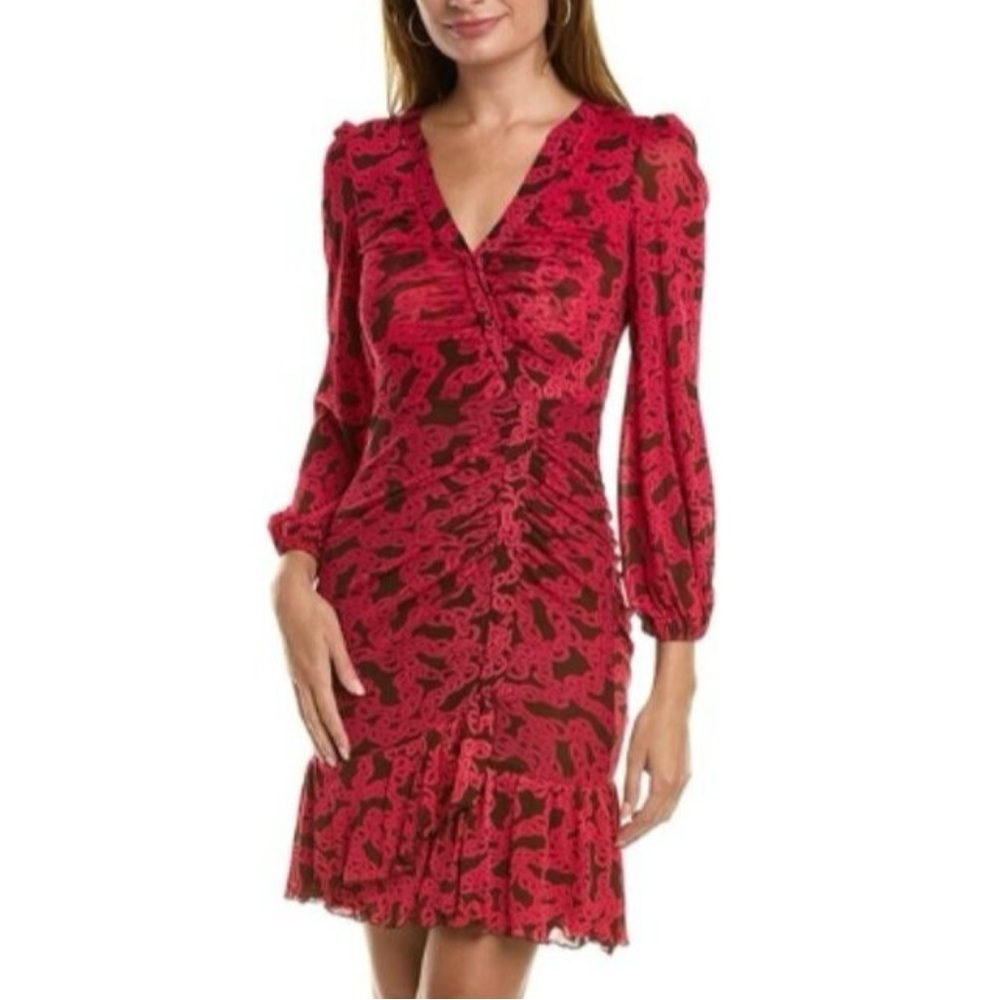 Diane Von Furstenberg Rio Dress Long Sleeve Ruched Chain Link in Red Pink
